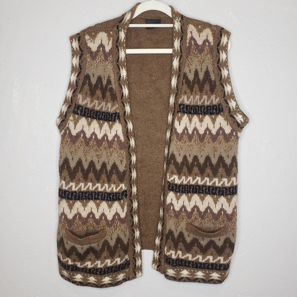 Inca Sweaters - Inca 100% Alpaca Wool Vest Brown Patterned Women's Cardigan Open Front